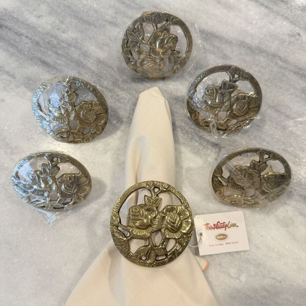 Set Of 6 Vintage Brass Floral Rose Medallion Napkin Rings New Old Stock